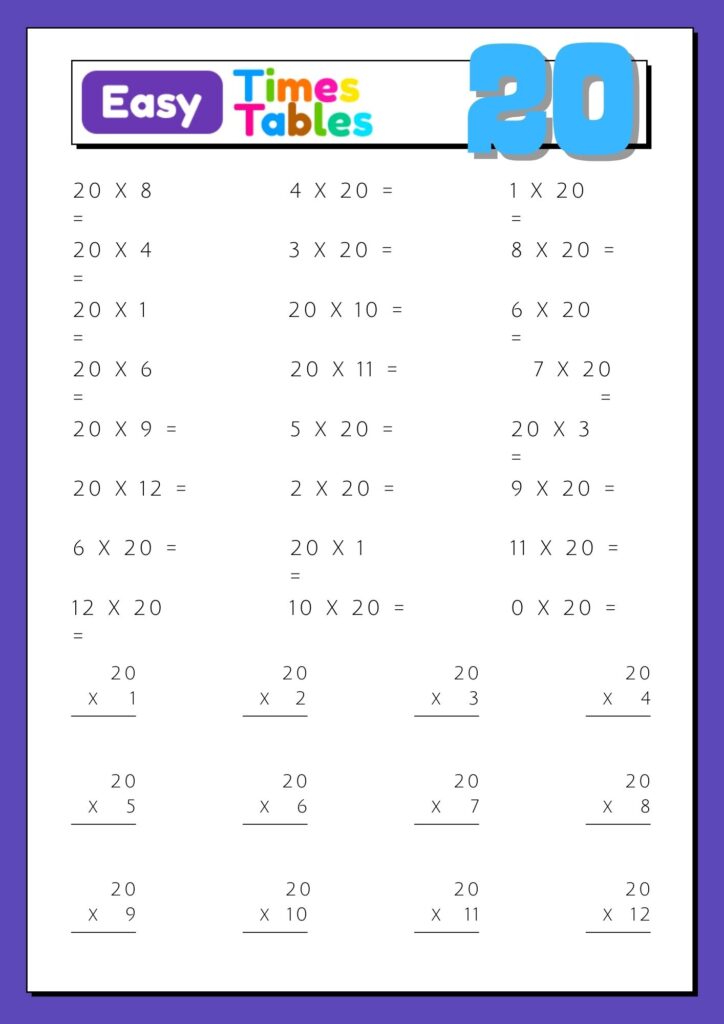 Images with printable exercises of multiplication table 20